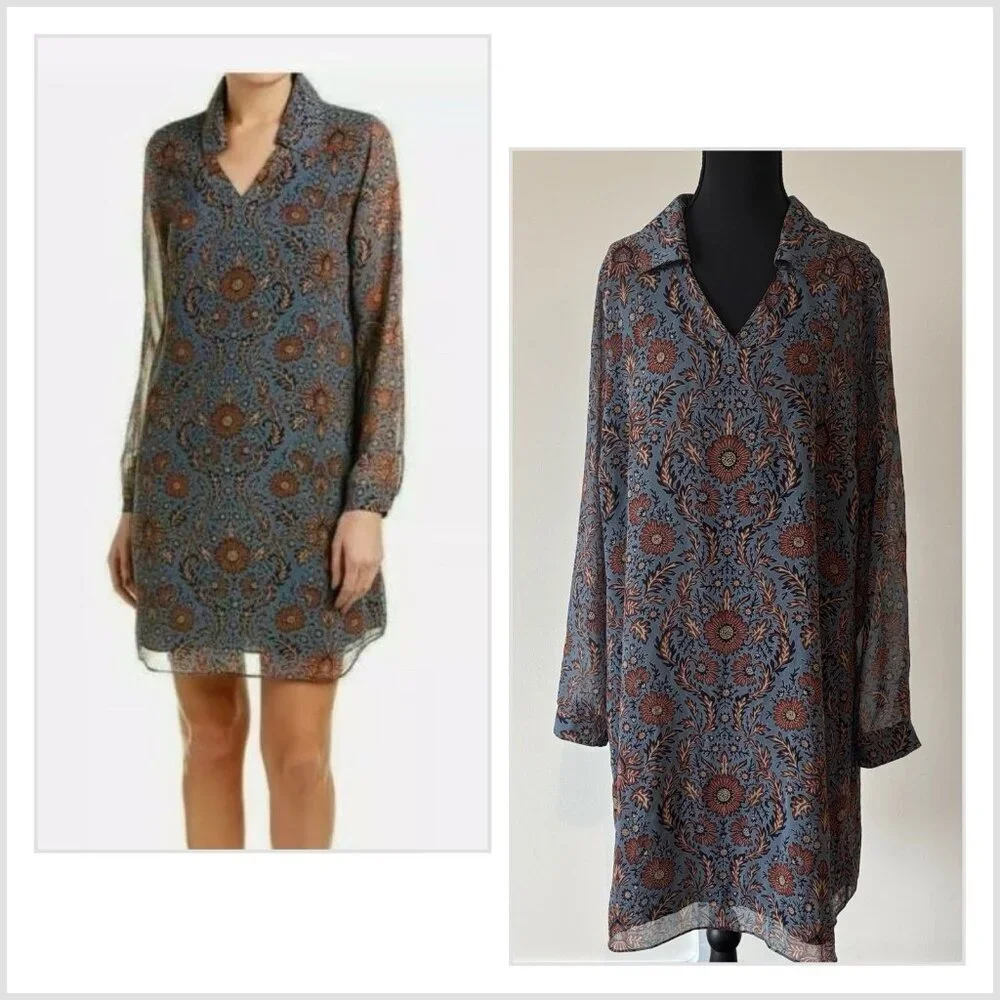 CABi Floral‎ Provincal Tunic Dress V-neck Long Sleeve Size Large Autumn Floral